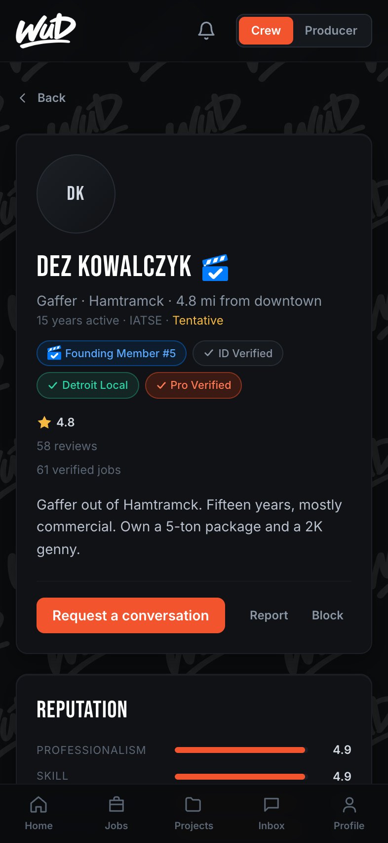 A WUD crew profile showing credits, reviews and badges